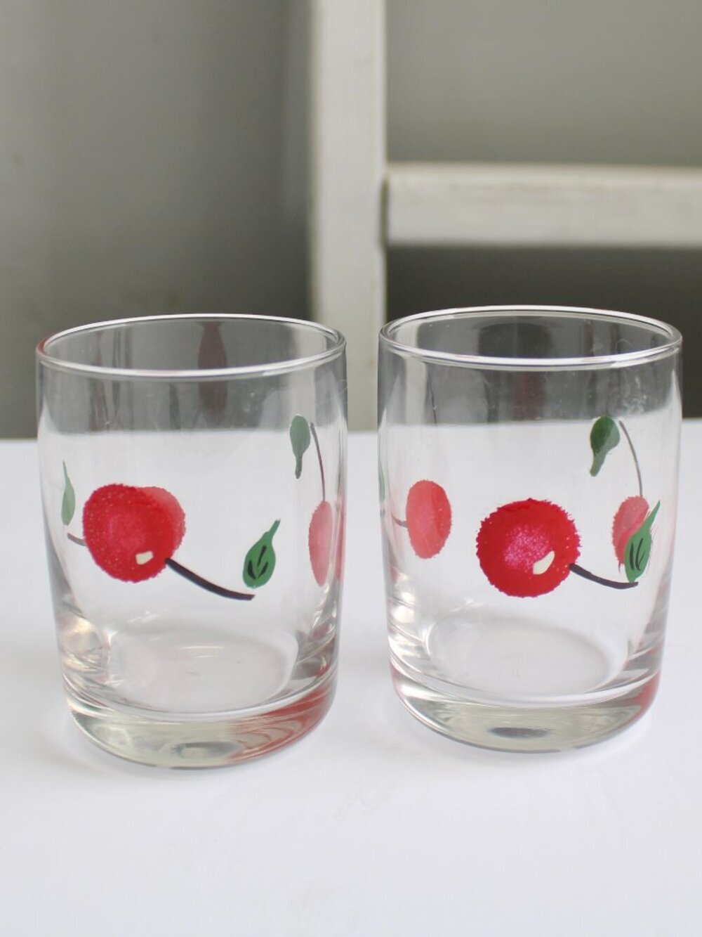 Vintage Hand Painted Red Cherries Juice Cocktail Glass Cups Set of Two (2)